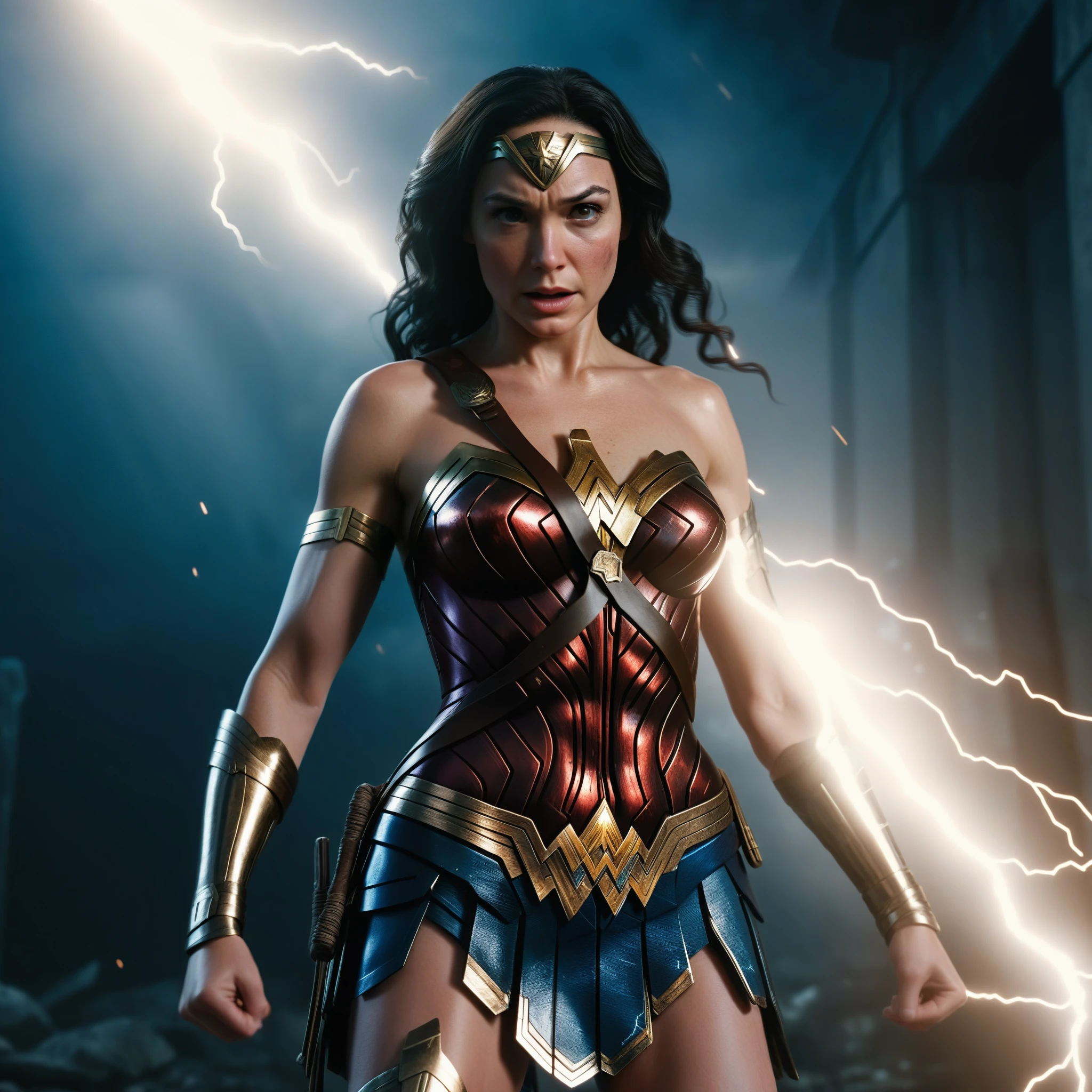 Scene from movie, Wonder Woman from DC close-up, Distorted space, Distorted undead in the background, Lens reflections, light shafts, Intricate detailing, high-detailed, volumetric lightning, 4K-Rendering, Stock photo, hyper-realistic, realistic textures, dramatic lighing, unreal engine