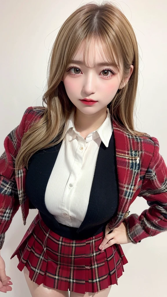 (((forehead、Blonde、Northern Europe、White people、beautiful girl、Blonde、White background、AKB48、Idol、Red plaid、uniform、mini skirt、Jacket)))、table top, highest quality, figure, super detailed, finely, High resolution, 8k wallpaper, Perfect dynamic composition, detailed and beautiful eyes, Deco out,bionde, medium hair, super big breasts, Natural color lip,white background, random cute poses,frill dress