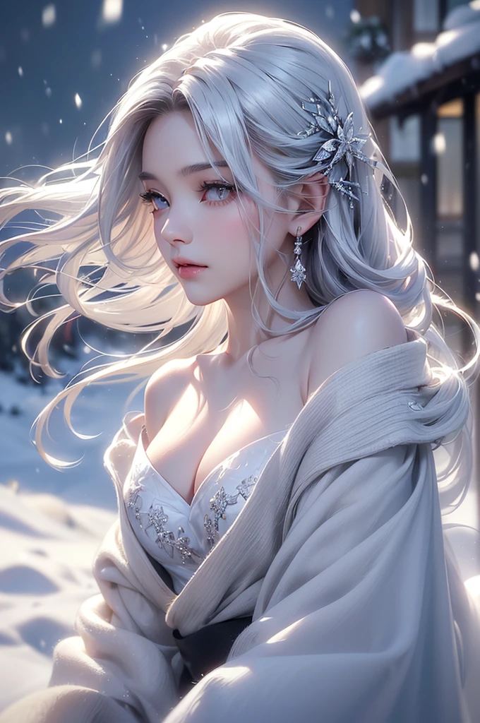 ((masterpiece:1.5、8k、Tabletop、フォトリアリスティックでVery detailedなCG、Very detailed、Particle Effects、Dynamic Effects、Shallow depth of field、Cinematic Light、Lens flare、Ray Tracing、Tabletop、Realistic:1.4、Ultra-high resolution:1.2、Realistic、Realistic))((alone、,A woman wearing a black fur coat over an off-the-shoulder knitted sweater:1.4、Elegant woman posing、Detailed face、bright表情、young, bright, Whiter skin、Medium chest、Beautiful 、Best Looks、Asian、Ultimate beauty、bright and shiny hair,、Super long, Silky straight hair、Hair dancing in the wind))(morning、The setting is outdoors in the snow、Crystal of snow)((shiny white hair))