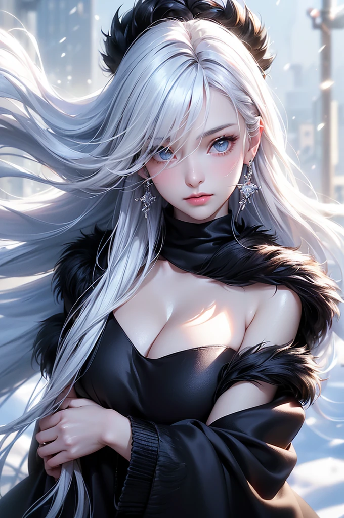 ((masterpiece:1.5、8k、Tabletop、フォトリアリスティックでVery detailedなCG、Very detailed、Particle Effects、Dynamic Effects、Shallow depth of field、Cinematic Light、Lens flare、Ray Tracing、Tabletop、Realistic:1.4、Ultra-high resolution:1.2、Realistic、Realistic))((alone、,A woman wearing a black fur coat over an off-the-shoulder knitted sweater:1.4、Elegant woman posing、Detailed face、bright表情、young, bright, Whiter skin、Medium chest、Beautiful cleavage、Best Looks、Asian、Ultimate beauty、bright and shiny hair,、Super long, Silky straight hair、Hair dancing in the wind))(morning、The setting is outdoors in the snow、Crystal of snow)((shiny white hair))