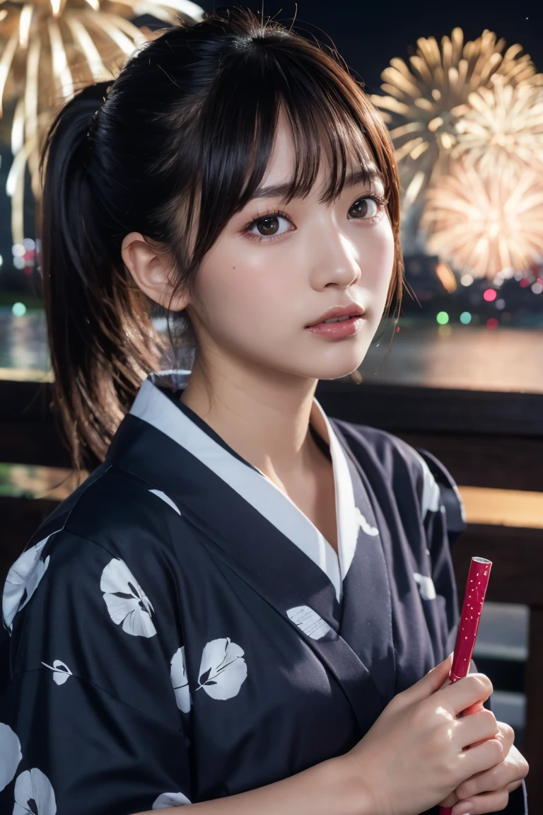 Highest quality, The finer details, (Beautiful One Woman))), Highly detailed eyes and face, firework, yukata, looking up at firework, ponytail, Large tear bags, double eyelid