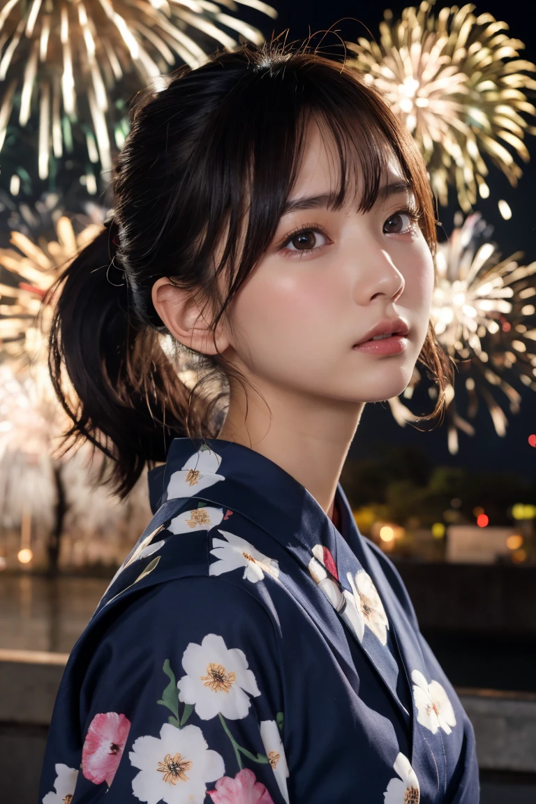 Highest quality, The finer details, (Beautiful One Woman))), Highly detailed eyes and face, firework, yukata, looking up at firework, ponytail, Large tear bags, double eyelid