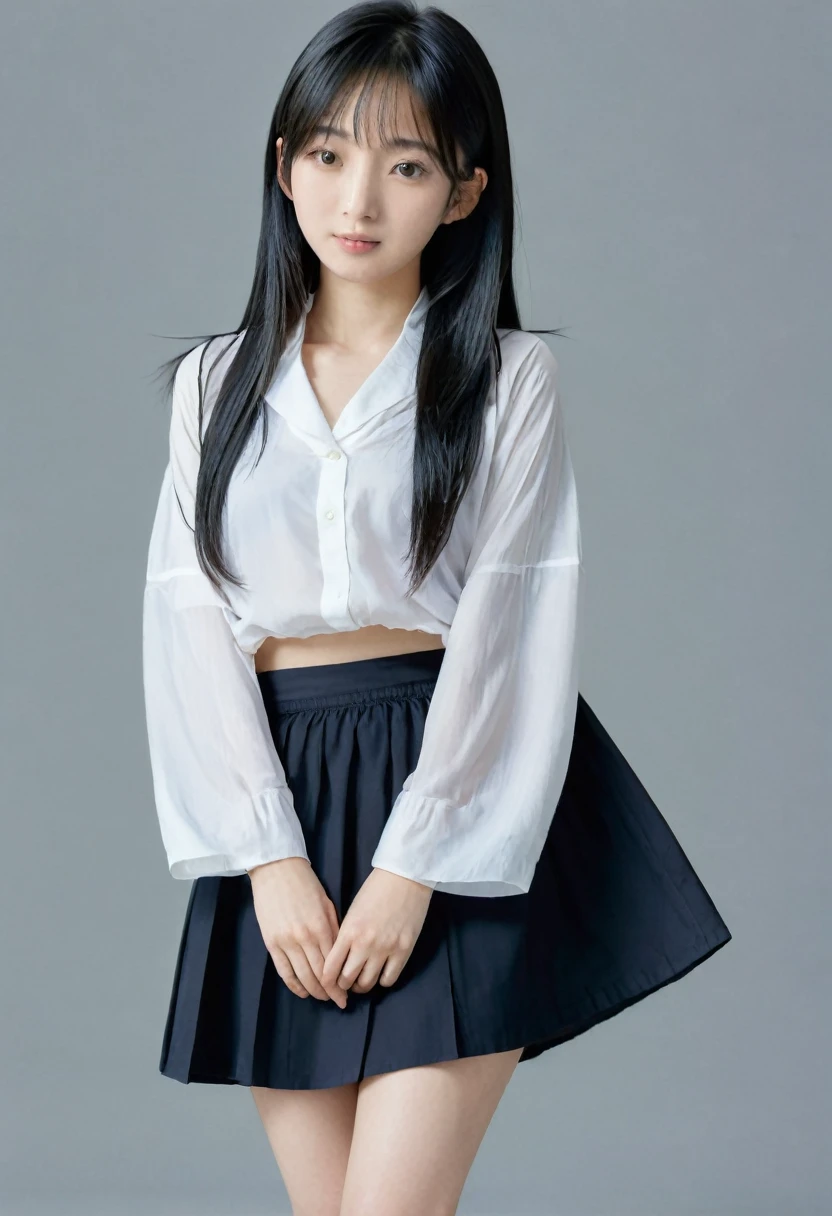  japanese , long black hair short skirt, oversize Open blouse, slim,tiny