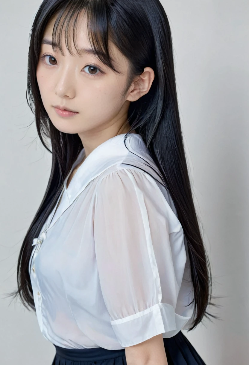 15 year old japanese , long black hair short skirt, oversize Open blouse, slim,tiny