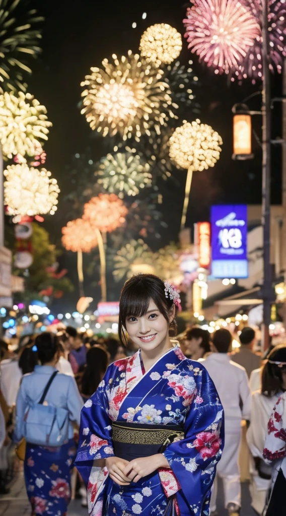 ((masterpiece(:1.4),Highest quality,Ultra-high resolution,Highest quality,8k,Extremely detailed,In detail))。night,Fireworks display,Summer festival,Opening a store,Two Girls,Female college student,Yukata,Twin sisters,cute,Clear,(Fireworks displayのnightに河川敷で花火を背景にしたスナップ写真),Hyper Quality