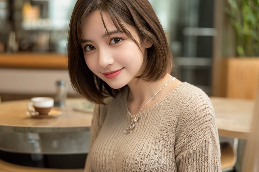 masutepiece, Best Quality, Illustration, Ultra-detailed, finely detail, hight resolution, 8K Wallpaper, Perfect dynamic composition, Beautiful detailed eyes, Long sleeve knit with shoulder extension,Bob Hair, mid-chest, Natural Color Lip, Random and sexy poses,Smile,20 years girl,Colossal tits,cafes,Coffee,Emphasis on the chest