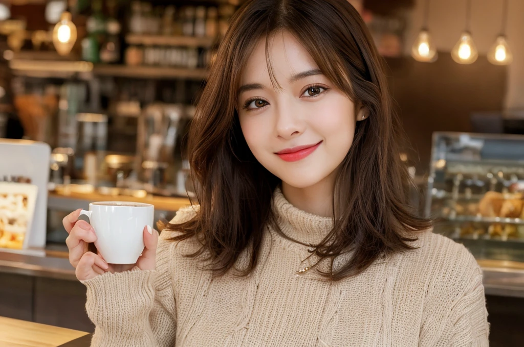 masutepiece, Best Quality, Illustration, Ultra-detailed, finely detail, hight resolution, 8K Wallpaper, Perfect dynamic composition, Beautiful detailed eyes, Long sleeve knit with shoulder extension,Bob Hair, mid-chest, Natural Color Lip, Random and sexy poses,Smile,20 years girl,Colossal tits,cafes,Coffee,Emphasis on the chest