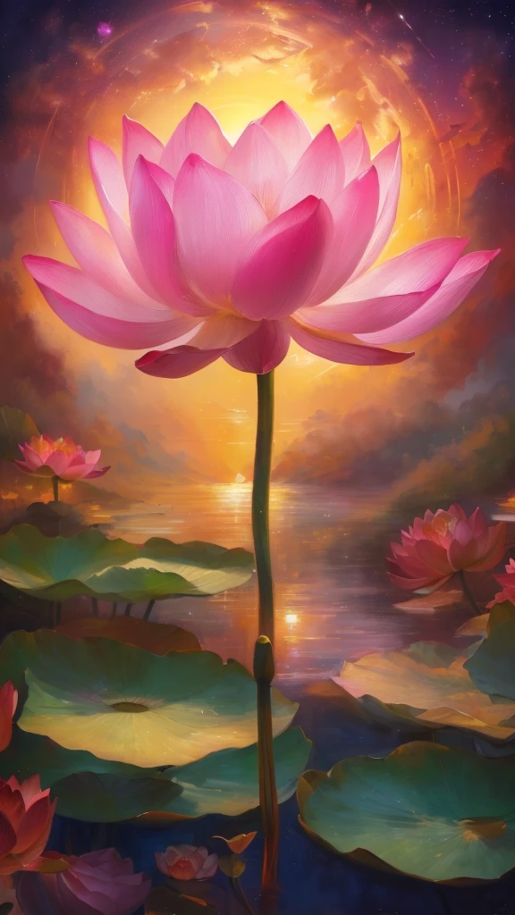 painting of a pink lotus flower in front of a sunset, standing gracefully upon a lotus, lotus, pink lotus queen, lotus flower, with lotus flowers, A beautiful tall painting, standing on a lotus, author：Vladimir Kush, lotus flowers, Beautiful art UHD 4K, lotus petals, inspired author：Vladimir Kush, sitting on a lotus flower, lotus pond