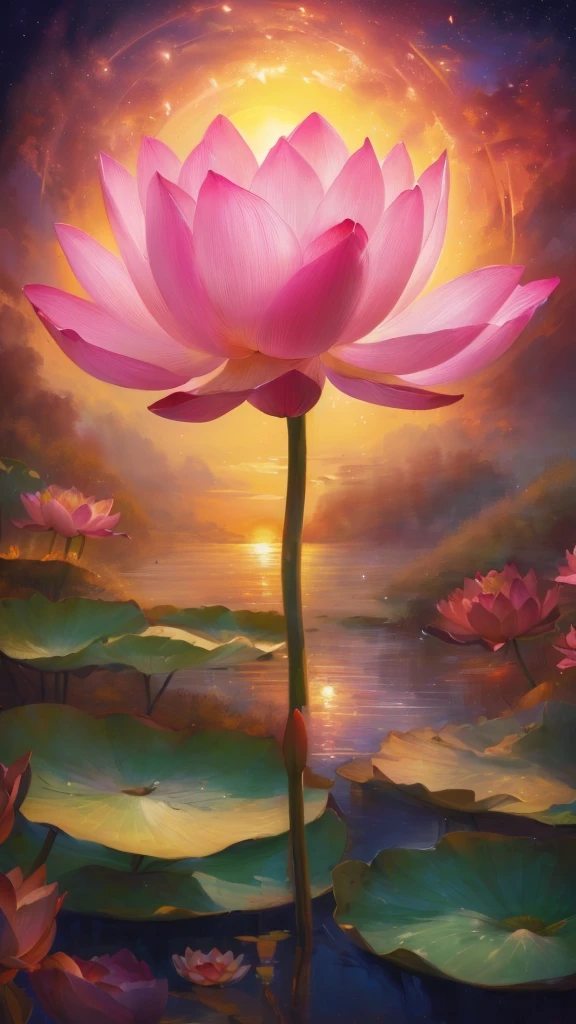 painting of a pink lotus flower in front of a sunset, standing gracefully upon a lotus, lotus, pink lotus queen, lotus flower, with lotus flowers, A beautiful tall painting, standing on a lotus, author:Vladimir Kush, lotus flowers, Beautiful art UHD 4K, lotus petals, inspired author:Vladimir Kush, sitting on a lotus flower, lotus pond