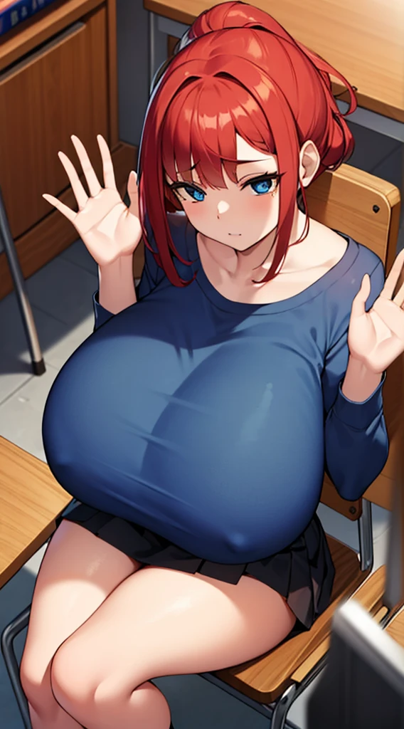 (masterpiece, best quality:1.2), Solitary, A girl, Huge breasts，in the classroom,Red Hair，黑色Short skirt，sit on the chair，Raise your hands，Raise your hands above your head((blue eyes,beautiful eyes)), Put your hair up， Short skirt，Thin belly),(slim),((Big tits))Big Ass(Look away:1.4),(from above)，(Huge breasts)