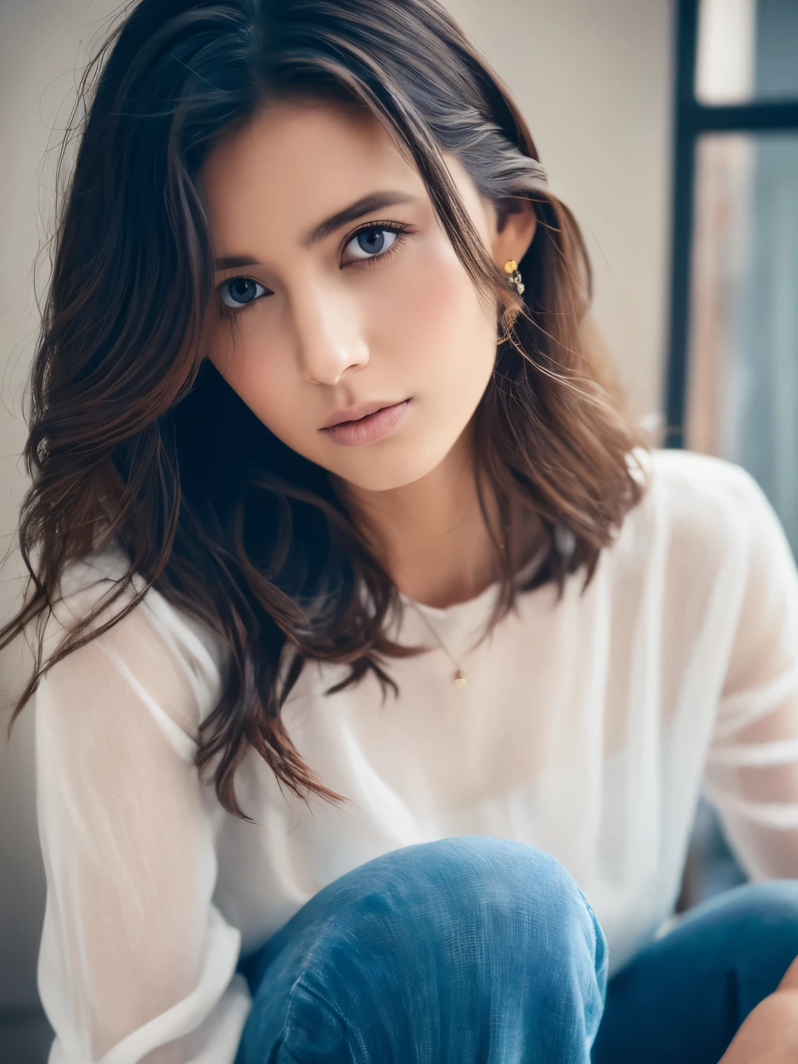 color, Beautiful woman, (best quality, Extremely detailed), Feminine lighting, Messy hair, Wearing a see-through white shirt and jeans, Beautiful, Dreamy atmosphere