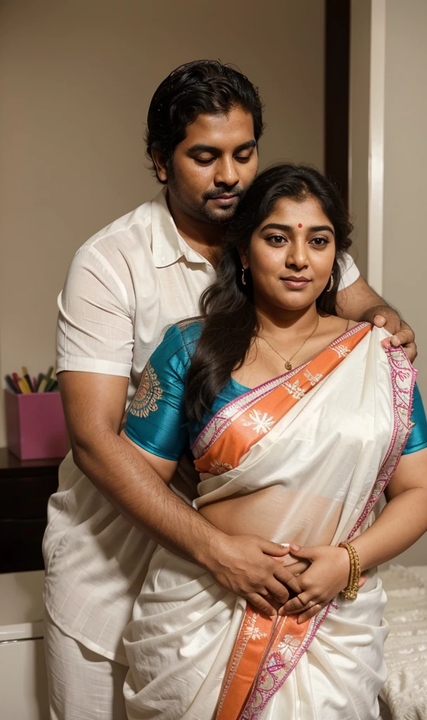 a  50-year-old shirtless man  affectionately hugging and kissing aradiant, full-figured South Indian plus-sized 30 year old teacher wearing a off white silky saree in  dressing room, captured in a full-body image with vibrant hues and meticulous details. Full body image