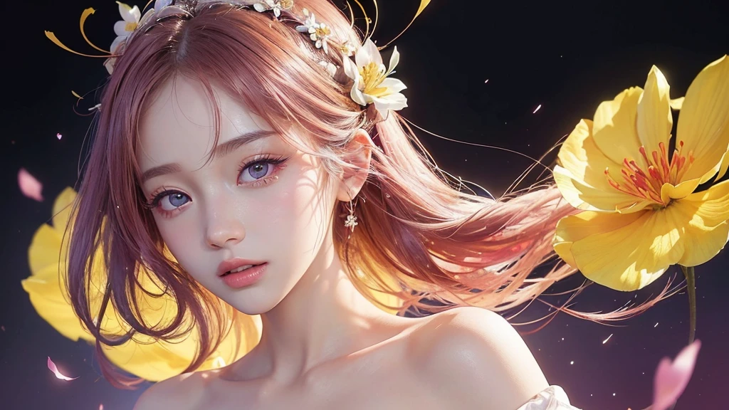 One girl, alone, flower畑, flower, (Official Art, unity 8k wallpaper, Super detailed, beautifully、aesthetic, masterpiece ,Highest quality:1.3), (Dynamic Angle:1.2), (Floating colorful sparkles:1) , elegant, Vibrant colors, Highly detailed face, Detailed eyes, Glowing Skin, Glossy Lips , Pale yellow background,