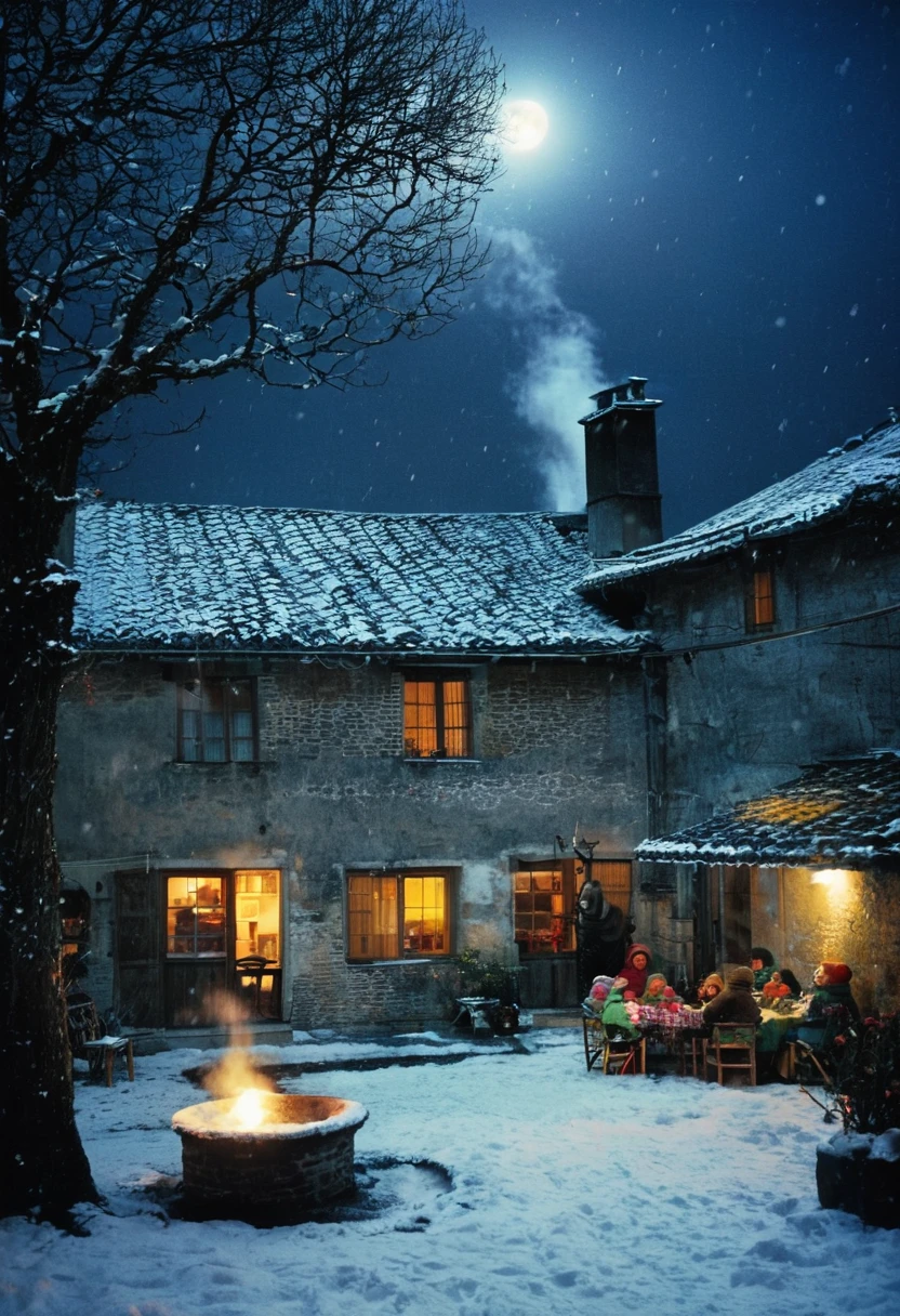 Photo, France 70s,winter,dark sky, dim light, heavy snow,moonlight,Village courtyard,Warm home,patio,chimney,Tree,Happy