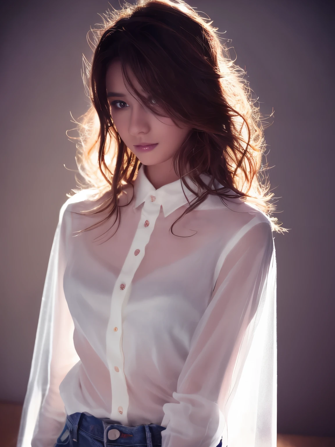 color, Beautiful woman, (best quality, Extremely detailed), Feminine lighting, Messy hair, Wearing a see-through white shirt and jeans, Beautiful, Dreamy atmosphere