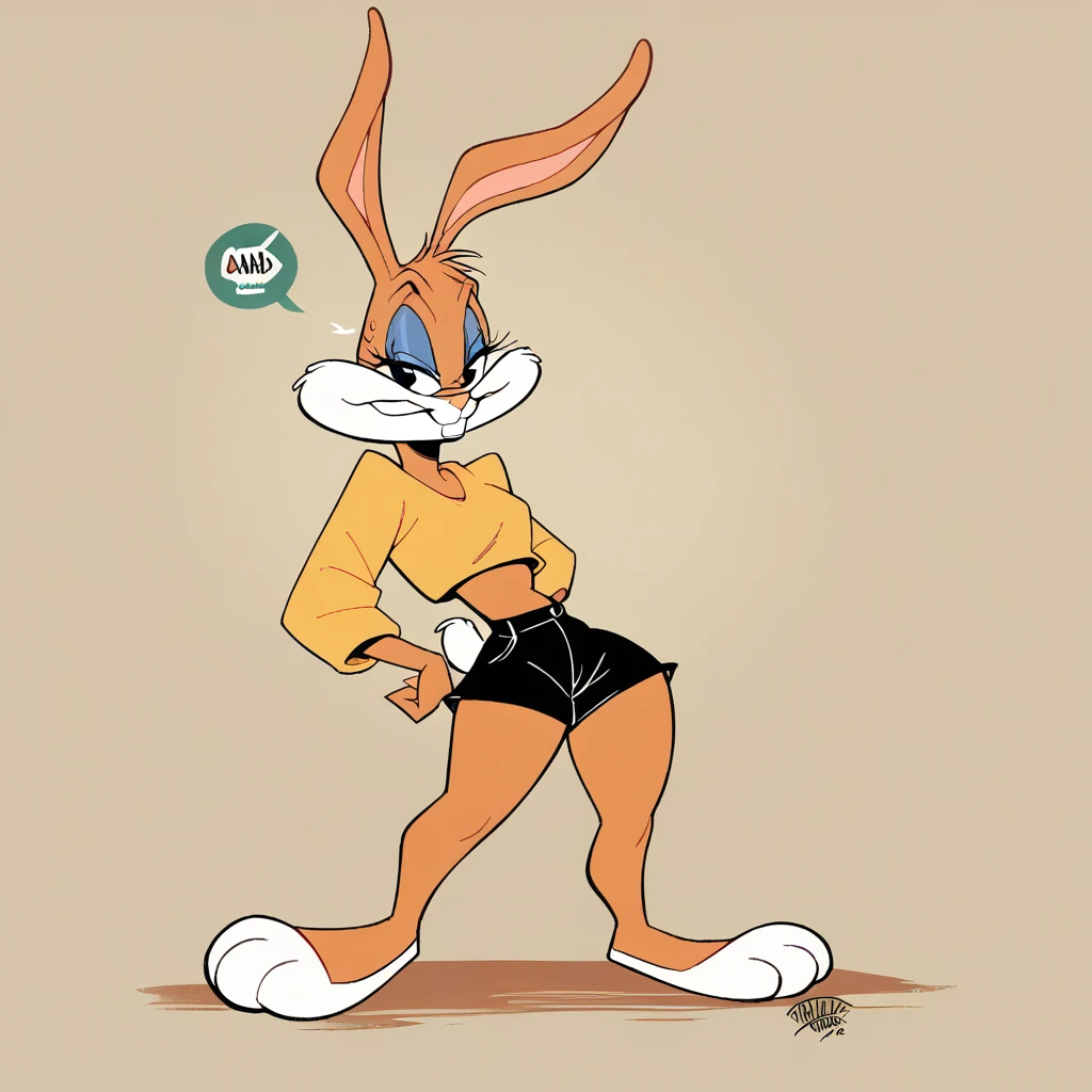 Babs bunny, in the cyberworld, at the cyberbeach, wearing black shorts, daffy duck in the scene, has thick thighs, curved smiling, chuck jones style, 80s hybrid eary cgi technology,