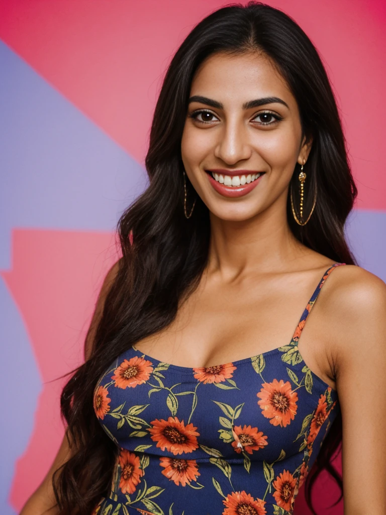 Rania, 1girl, solo, ((Egyptian woman)), consistent face and body, ((MILF)), ((30 years old)), (mature), ((slim)), ((Egyptian face)), (Egyptian nose), (Egyptian lips), long straight hair, upper body and upper legs, (background: Beirut club vibrant nightlife), BREAK, (wearing printed dress clothes), smiling with teeth