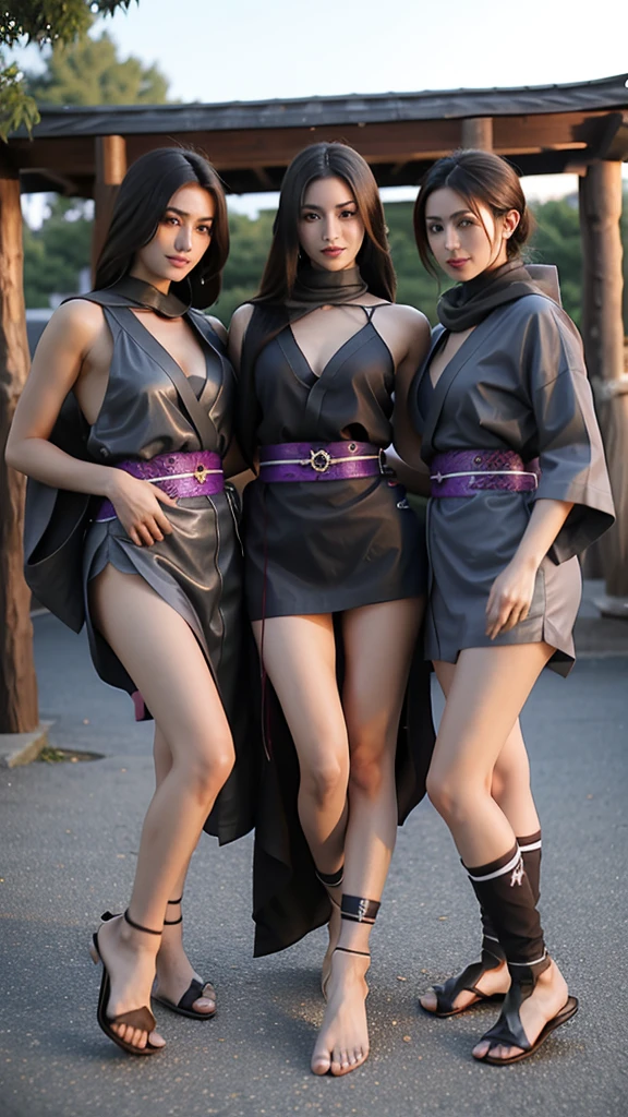 A group of young  Female ninja wearing short kimono in fishnet with sexy bare feet and toes exposed with boob cleavage showing 