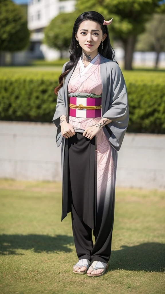 Cute Japanese female, (16 years old), (Very cute face), White moist skin, (Pink bright eyes: 1.6), (Full body: 1.4),
BREAK,
(Very beautiful berserker: 1.3), (Kicking: 1.3),
BREAK,
Earrings, Short length, (Black grass tattoo on body: 1.3), (Full body: 1.4),
BREAK,
(Cute kimono: 1.2), (Black haori: 1.2), (Crowd),
BREAK,
(Super long hair), (Light gray hair: 1.4), (Gradient hair: 1.3), (Red tips: 1.3),
BREAK,
(Realistic: 1.3), Masterpiece, Perfect lighting, (Ultra high resolution), (8K), (Highly detailed: 1.4), (Full body: 1.4), (Symmetrical: 1.2), (One shot),
BREAK,
(Japanese city: 1.2), (Crowded),
BREAK,
(Anime Demon Slayer: Kimetsu no Yaiba: 1.4), (Haruka Ayase), (Nezuko Kamado),