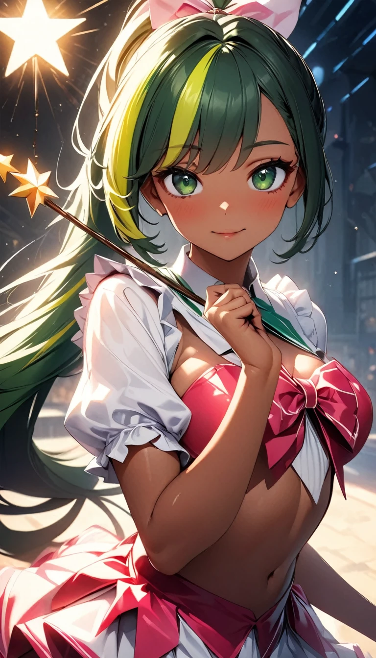 (highest quality:1.2, Very detailed, up to date, Vibrant, Ultra-high resolution, High Contrast, masterpiece:1.2, highest quality, Best aesthetics), Portraiture、solo, girl、(slim:1), (25-years-old:1.6), very sexy magical girl, ((holding a stick on hand, shinning star at the top of stick:1.5)), in magic kingdom, (sunshine), Bright colors、Beautiful fine details、Beautiful lip detail、long hair、ponytail, white and yellow green ((streaked hair:1.6)), highlights hair: 1.5, (medium breast:1) , (tan skin:0.9), cute pose, ((cowboy shot:1))
