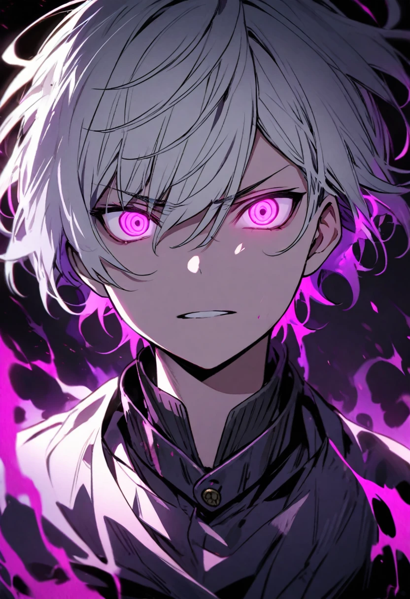 young, dark aura, boy, white hair, short hair, two colors eyes, one purple eyes, one pink eyes, glowing eyes