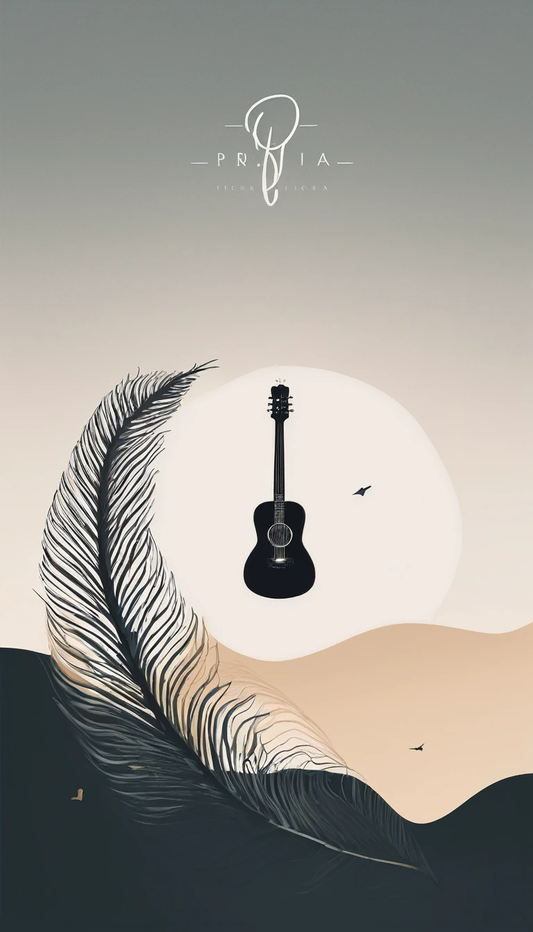 A minimal, modern, simple, cinematic logotype for the brand “Penamemoria". The logotype must be a simple, magical feather and a boy playing acoustic guitar. The logo must convey a sense of music, stories and dreams. Logo design impressed on a book cover. Minimalistic logo