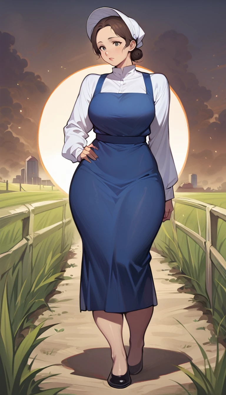mature adult amish woman, 40 years old, pale skin, long sleeved blue dress, small black apron over her blue dress, full body shown, very short brown hair in a conservative sleek bun, exposed forehead, white bonnet kapp, wide hips, thick thighs, wearing simple black flats, thick legs, slightly below the knee dress, slight face wrinkles, tight sleeves, standing upright in a farm field, no makeup, round face, updo hairstyle, dress clings to hips