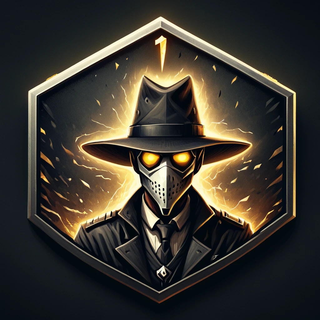 ultra high resolution, detailed, best quality, badgetype,solo badge,counter strike2 type badge,solo,looking at viewer,yellow eyes,1boy,male focus,no humans,mask,glowing,white background,portrait,straight-on,plague doctor, fedora hat, lightning patern