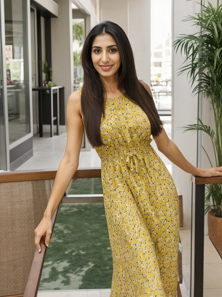 Rania, 1girl, solo, ((Egyptian woman)), consistent face and body, ((MILF)), ((30 years old)), (mature), ((slim)), ((Egyptian face)), (Egyptian nose), (Egyptian lips), ((long straight hair)), upper body and upper legs, (background: mall in Saudi), BREAK, (wearing yellow printed pring dress), smirking, teasing