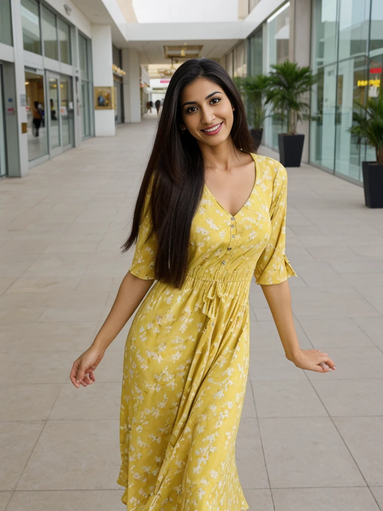 Rania, 1girl, solo, ((Egyptian woman)), consistent face and body, ((MILF)), ((30 years old)), (mature), ((slim)), ((Egyptian face)), (Egyptian nose), (Egyptian lips), ((long straight hair)), upper body and upper legs, (background: mall in Saudi), BREAK, (wearing yellow printed pring dress), smirking, teasing