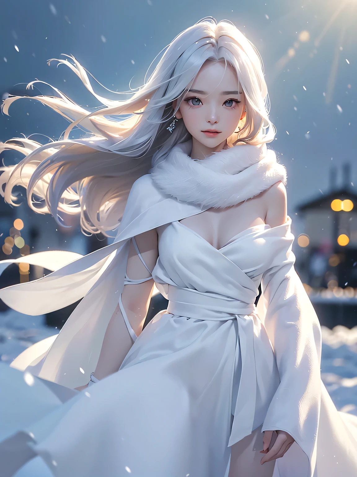 ((masterpiece:1.5、8k、Portraiture、Photorealistic and very detailed CG、Very detailed、Particle Effects、Dynamic Effects、Shallow depth of field、Cinematic Light、Lens flare、Ray Tracing、Tabletop、Realistic:1.4、Ultra-high resolution:1.2、Realistic、Realistic))((alone、,Woman wearing a white fur coat over an off-the-shoulder dress:1.4、wear a long scarf、Elegant woman posing、Detailed face、brightexpression、young, bright, Whiter skin、Ample breasts、Best Looks、Ultimate beauty、Shiny silver hair with highlights、bright and shiny hair,、Super long, Silky straight hair、Hair dancing in the wind))(morning、The setting is outdoors in the snow、Surrounded by illuminations)
