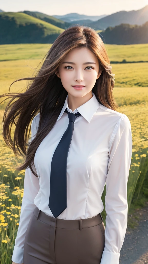 highest quality、genuine、Super detailed、finely、High resolution、8k wallpaper、one beautiful woman、、、light brown disheveled hair、wearing a business suit、sharp focus、perfect dynamic composition、beautiful and detailed eyes、thin hair、Detailed genuine skin texture、smile、model body shape、In a windswept meadow