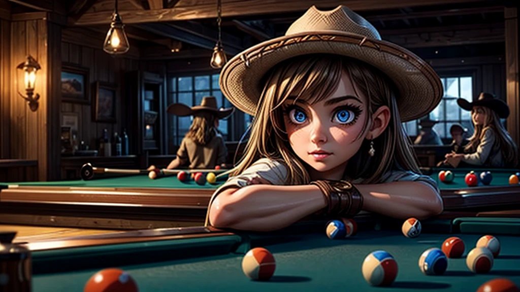 a cowgirl in the wild west, playing pool in a saloon, drunk, detailed face, beautiful detailed eyes, beautiful detailed lips, extremely detailed eyes and face, long eyelashes, cowgirl outfit, holding a pool cue, saloon interior, dimly lit, warm lighting, dramatic shadows, gritty, photorealistic, 8k, best quality, masterpiece, cinematic