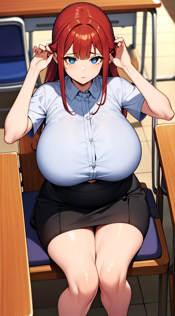 (masterpiece, best quality:1.2), Solitary, A girl, Huge breasts，in the classroom,Red Hair，黑色Short skirt，sit on the chair，Raise your hands，Raise your hands above your head((blue eyes,beautiful eyes)), Put your hair up， Short skirt，Thin belly),(slim),((Big tits))Big Ass(Look away:1.4),(from above)，(Huge breasts)