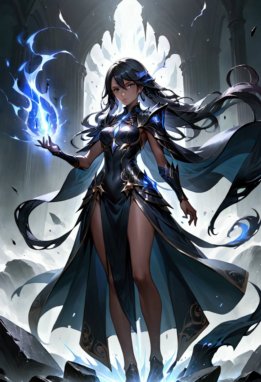 Girl with long dark black, dark black eyes,tall rectangular body figure, , battle mage