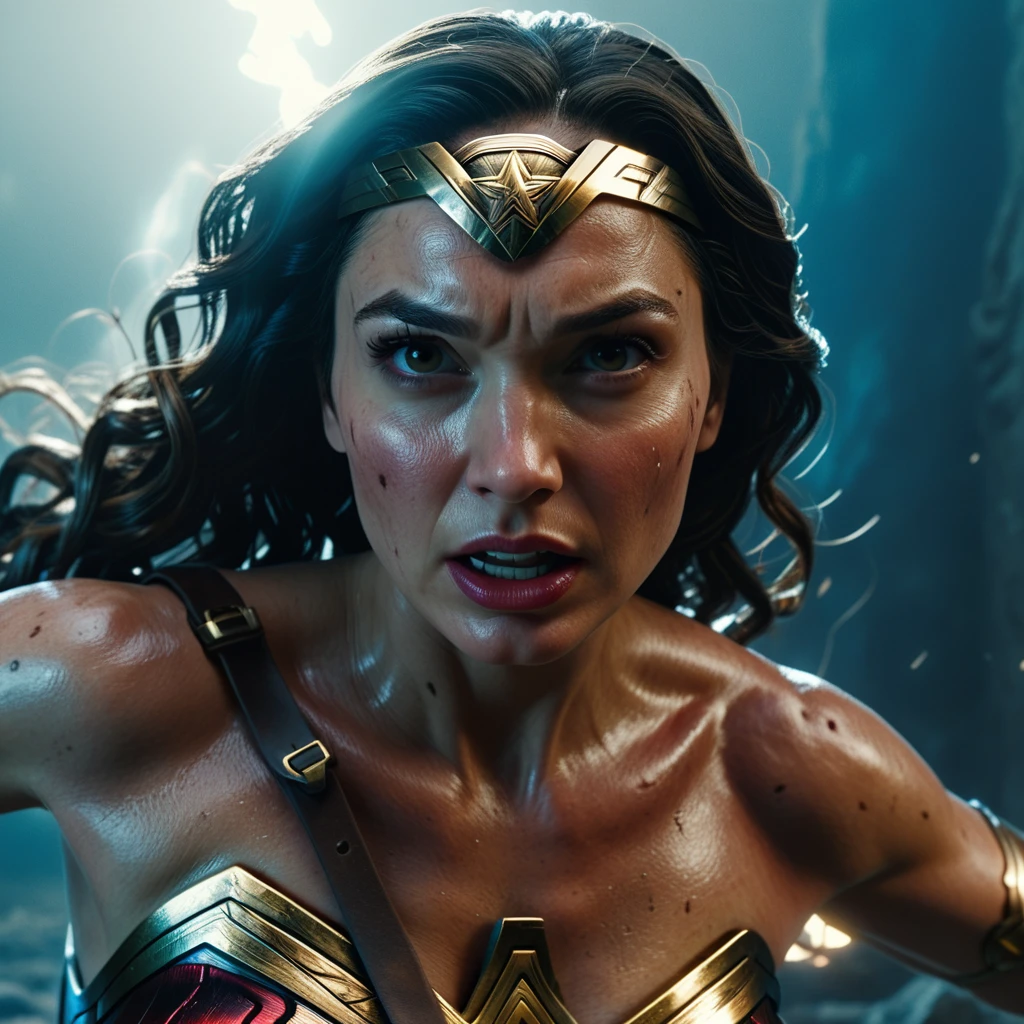 Scene from movie, Wonder Woman from DC close-up, Distorted space, Distorted undead in the background, Lens reflections, light shafts, Intricate detailing, high-detailed, volumetric lightning, 4K-Rendering, Stock photo, hyper-realistic, realistic textures, dramatic lighing, unreal engine