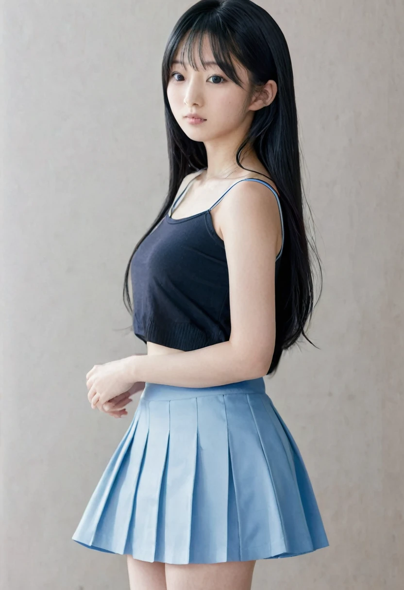 15 year old japanese , long black hair short skirt, oversize Spaghetti top, slim,tiny