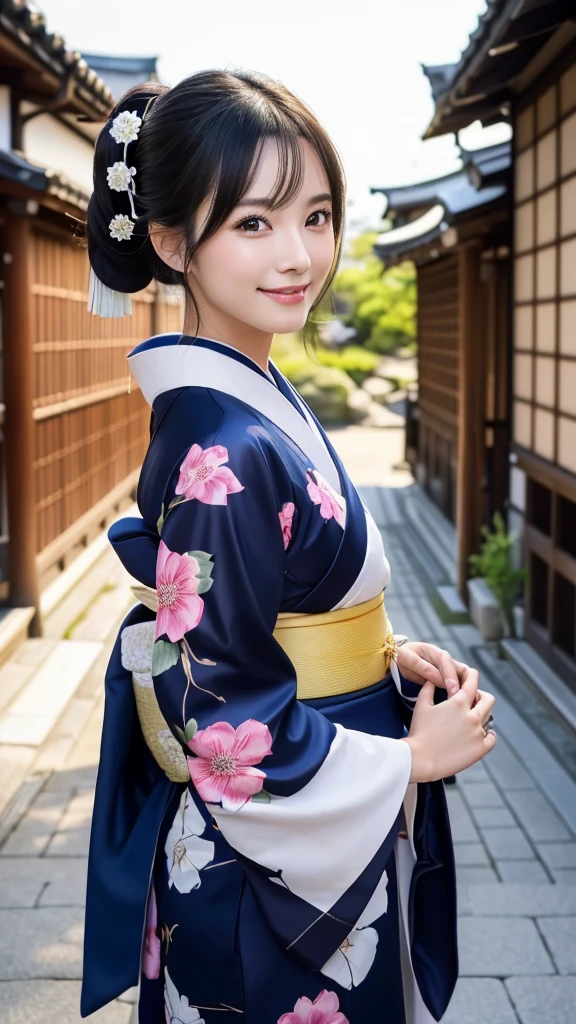 (Super beautiful woman in kimono)、((highest quality、8K masterpiece:1.3))、sharp focus:1.2、(super beautiful face:1.0)、(shiny skin:1.0)、realistic pictures、black hair、video lighting、High resolution eyes and face、video lighting、japanese actress、from the front、with a happy smile、whole body、wearing a kimono、in Kyoto、(luxury obi)、with a fan