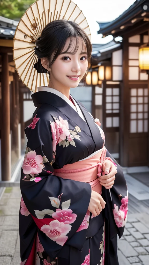 (Super beautiful woman in kimono)、((highest quality、8K masterpiece:1.3))、sharp focus:1.2、(super beautiful face:1.0)、(shiny skin:1.0)、realistic pictures、black hair、video lighting、High resolution eyes and face、video lighting、japanese actress、from the front、with a happy smile、whole body、wearing a kimono、in Kyoto、(luxury obi)、with a fan