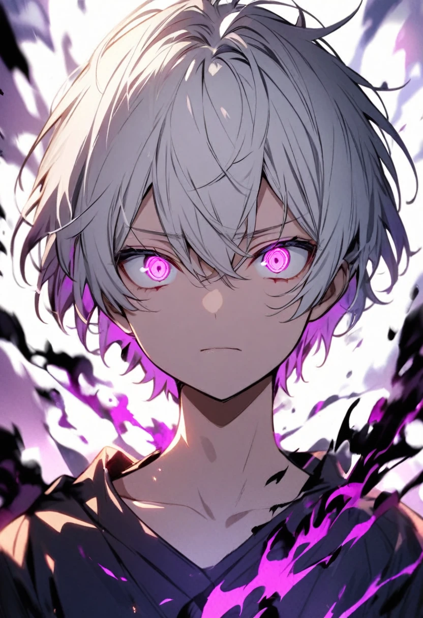 young, dark aura, boy, white hair, short hair, two colors eyes, one purple-blue eyes, one pink eyes, glowing eyes