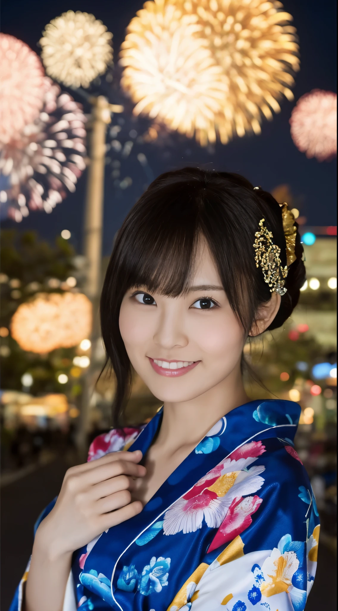 ((masterpiece(:1.4)，Highest quality，Ultra-high resolution，Highest quality，8k，Extremely detailed，In detail))。night，Fireworks display，Summer festival，Opening a store，Two Girls，Female college student，Yukata，Twin sisters，cute，Clear，(Fireworks displayのnightに河川敷で花火を背景にしたスナップ写真)，Hyper Quality