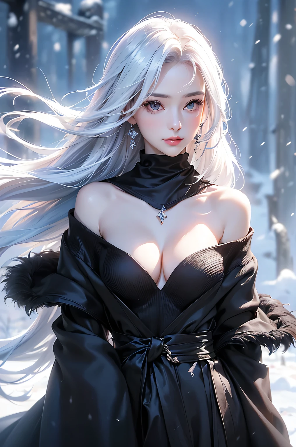 ((masterpiece:1.5、8k、Tabletop、Photorealistic and very detailed CG、Very detailed、Particle Effects、Dynamic Effects、Shallow depth of field、Cinematic Light、Lens flare、Ray Tracing、Tabletop、Realistic:1.4、Ultra-high resolution:1.2、Realistic、Realistic))((alone、,A woman wearing a black fur coat over an off-the-shoulder knitted sweater:1.4、Elegant woman posing、Detailed face、brightexpression、young, bright, Whiter skin、Medium chest、Beautiful cleavage、Best Looks、ASİAN、Ultimate beauty、bright and shiny hair,、Super long, Silky straight hair、Hair dancing in the wind))(morning、The setting is outdoors in the snow、Crystal of snow)((shiny white hair))