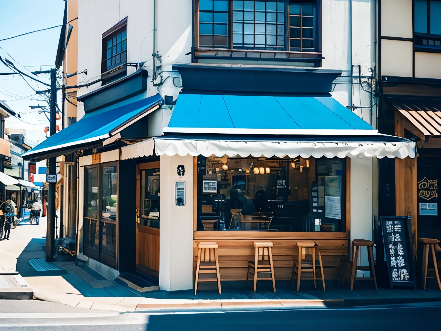 Coffee shop, stylish, exterior, street, Japan, blue sign