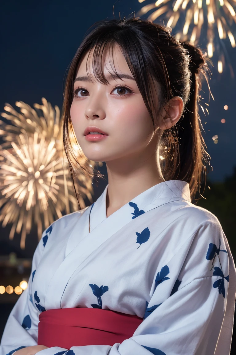 Highest quality, The finer details, (Beautiful One Woman))), Highly detailed eyes and face, firework, yukata, looking up at firework, ponytail, Large tear bags, double eyelid