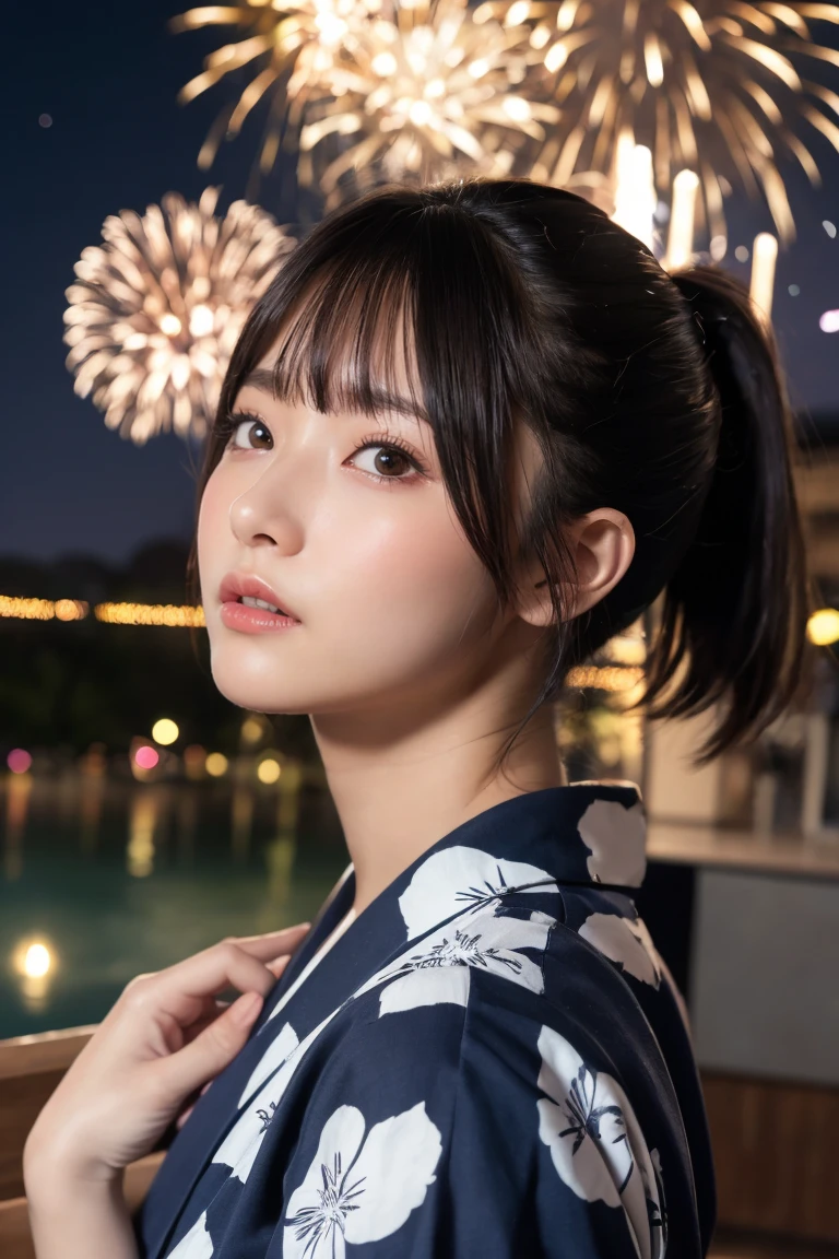 Highest quality, The finer details, (Beautiful One Woman))), Highly detailed eyes and face, firework, yukata, looking up at firework, ponytail, Large tear bags, double eyelid