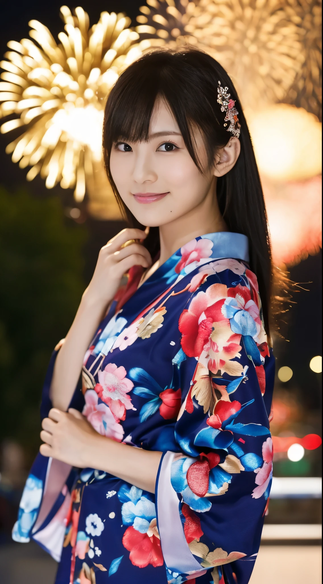 ((masterpiece(:1.4),Highest quality,Ultra-high resolution,Highest quality,8k,Extremely detailed,In detail))。night,Fireworks display,Summer festival,Opening a store,Two Girls,Female college student,Yukata,Twin sisters,cute,Clear,(Fireworks displayのnightに河川敷で花火を背景にしたスナップ写真),Hyper Quality