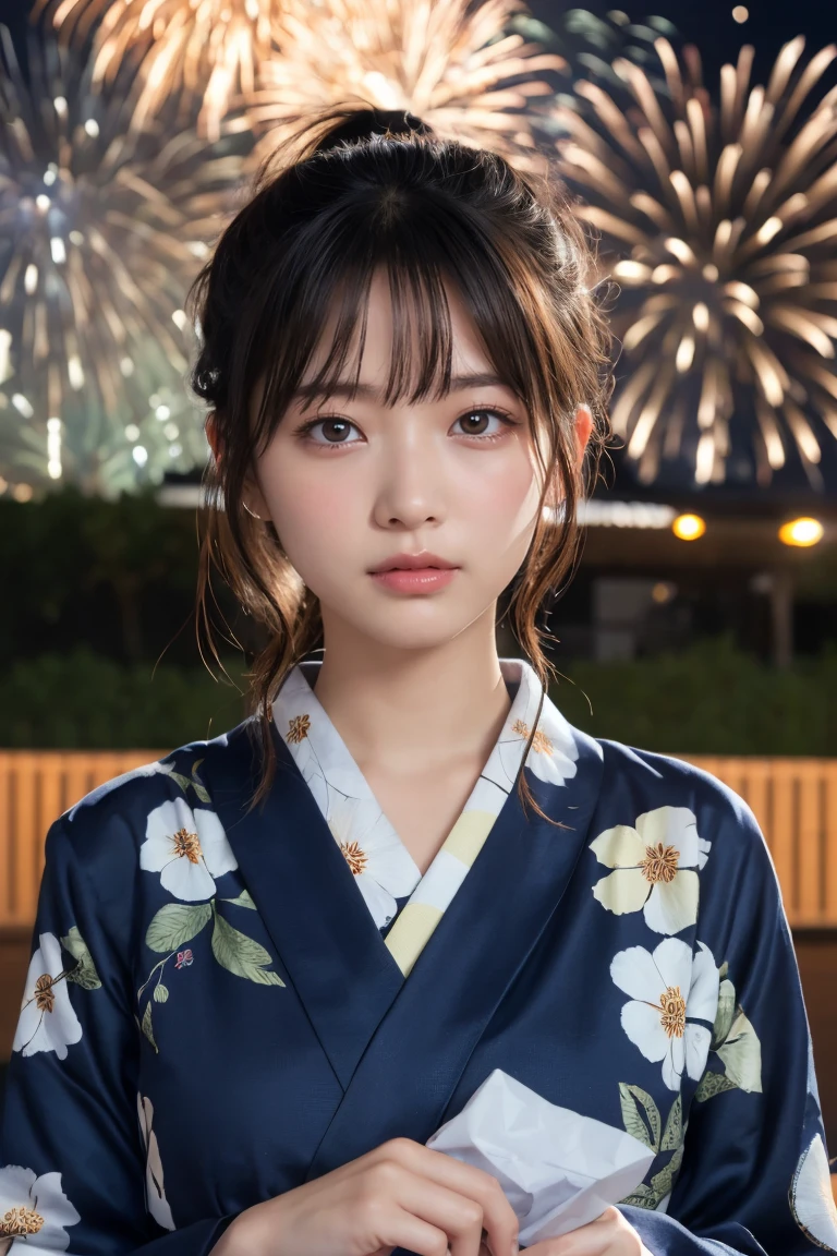 Highest quality, The finer details, (Beautiful One Woman))), Highly detailed eyes and face, firework, yukata, looking up at firework, ponytail, Large tear bags, double eyelid