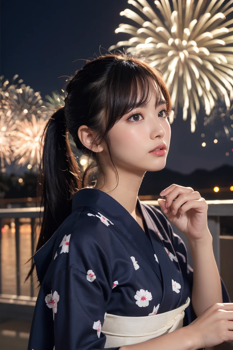 Highest quality, The finer details, (Beautiful One Woman))), Highly detailed eyes and face, firework, yukata, looking up at firework, ponytail, Large tear bags, double eyelid