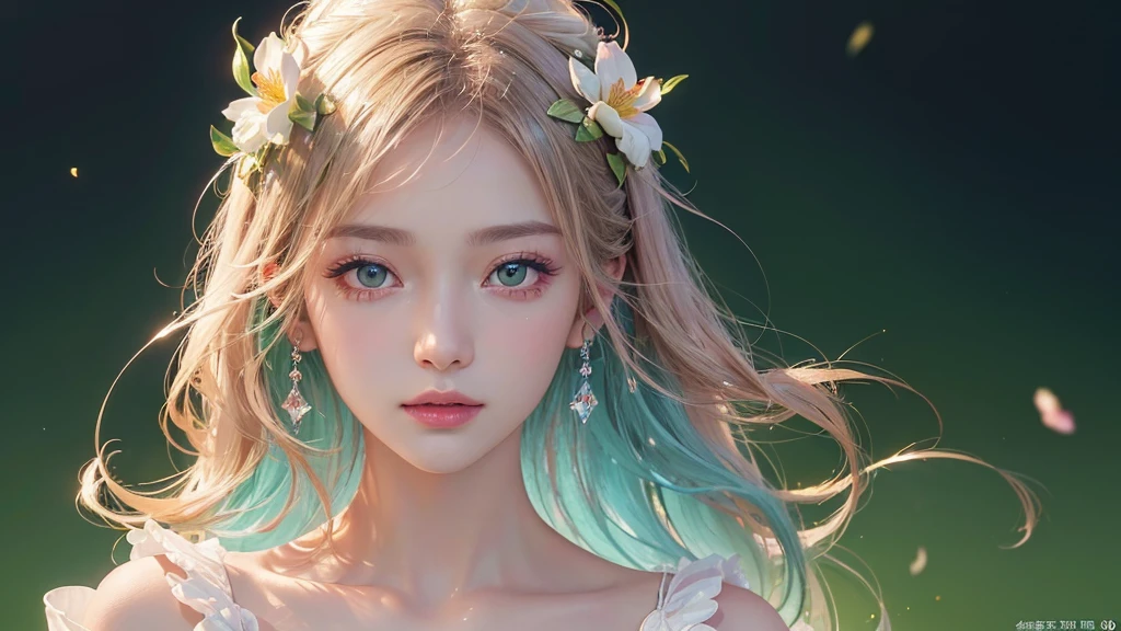 One girl, alone, flower畑, flower, (Official Art, unity 8k wallpaper, Super detailed, beautifully、aesthetic, masterpiece ,Highest quality:1.3), (Dynamic Angle:1.2), (Floating colorful sparkles:1) , elegant, Vibrant colors, Highly detailed face, Detailed eyes, Glowing Skin, Glossy Lips , Pale green background,
