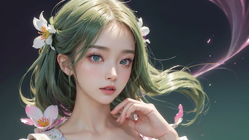 One girl, alone, flower畑, flower, (Official Art, unity 8k wallpaper, Super detailed, beautifully、aesthetic, masterpiece ,Highest quality:1.3), (Dynamic Angle:1.2), (Floating colorful sparkles:1) , elegant, Vibrant colors, Highly detailed face, Detailed eyes, Glowing Skin, Glossy Lips , Pale green background,